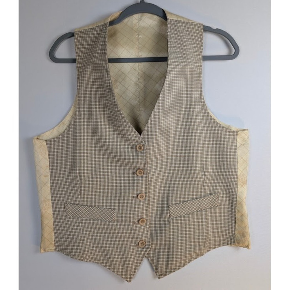 VTG 70s Reversible Suit Vest Mens M Brown Plaid Working Pockets 38" Chest EUC - Picture 3 of 9